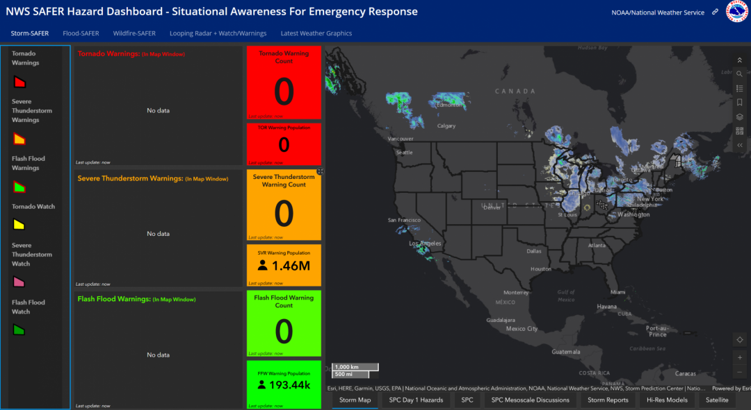 Map of North America from the NWS SAFER Hazard Dashboard showing no tornado, severe thunderstorm, or flash flood warnings, with population counts and scattered radar precipitation.