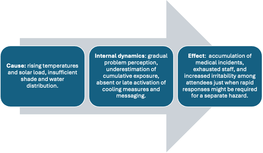 Flowchart with three blue boxes inside a large gray arrow showing cause as rising temperatures and insufficient shade, internal dynamics as delayed cooling measures, and effect as medical incidents and exhausted staff.
