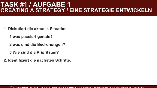 Task instructions for creating a strategy, asking to discuss the current situation with three questions in German and English, and identify next steps.
