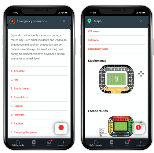 Screenshots of a mobile app showing emergency scenarios with a list of incidents on the left and stadium maps with VIP areas and escape routes on the right.