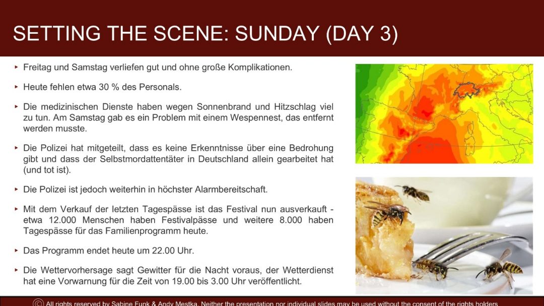 Presentation slide titled "Setting the Scene: Sunday (Day 3)" with German text about festival updates and two images: a heat map and wasps on food near a fork.