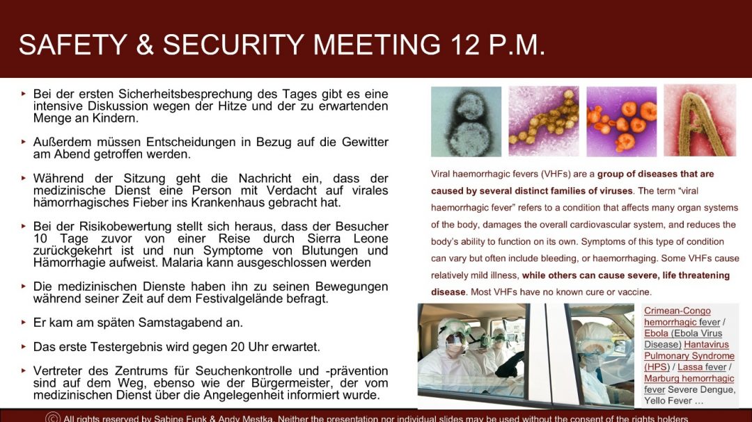 Safety and security meeting notes in German about a suspected viral hemorrhagic fever case, accompanied by images and details about VHFs.