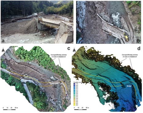 Four-panel image showing damaged bridge and road from different perspectives including ground view, aerial view, and color-coded elevation maps highlighting missing sections.