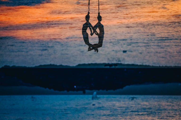 Silhouetted aerial acrobats holding hands and intertwined mid-air against a sunset over water.