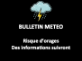 Weather bulletin graphic with thunderstorm risk warning in French and silhouette of a person holding an umbrella in rain.