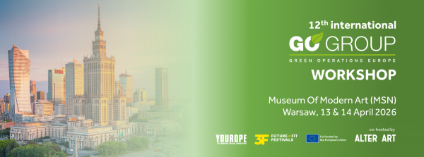 Warsaw skyline with text about the 12th International GO Group Workshop at Museum of Modern Art, April 13-14, 2026, co-hosted by Alter Art.