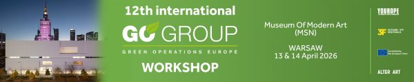 12th International GO Group Green Operations Europe Workshop at Museum of Modern Art in Warsaw on April 13 and 14, 2026 with city skyline background.