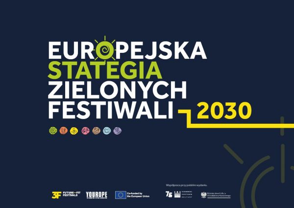 Text in Polish about European Green Festivals Strategy 2030 with colorful icons and logos of Future Fit Festivals, Yourope, and the European Union on a dark blue background.
