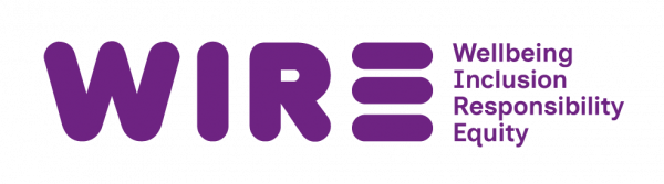 WIRE acronym with equal sign and words Wellbeing, Inclusion, Responsibility, Equity in purple text