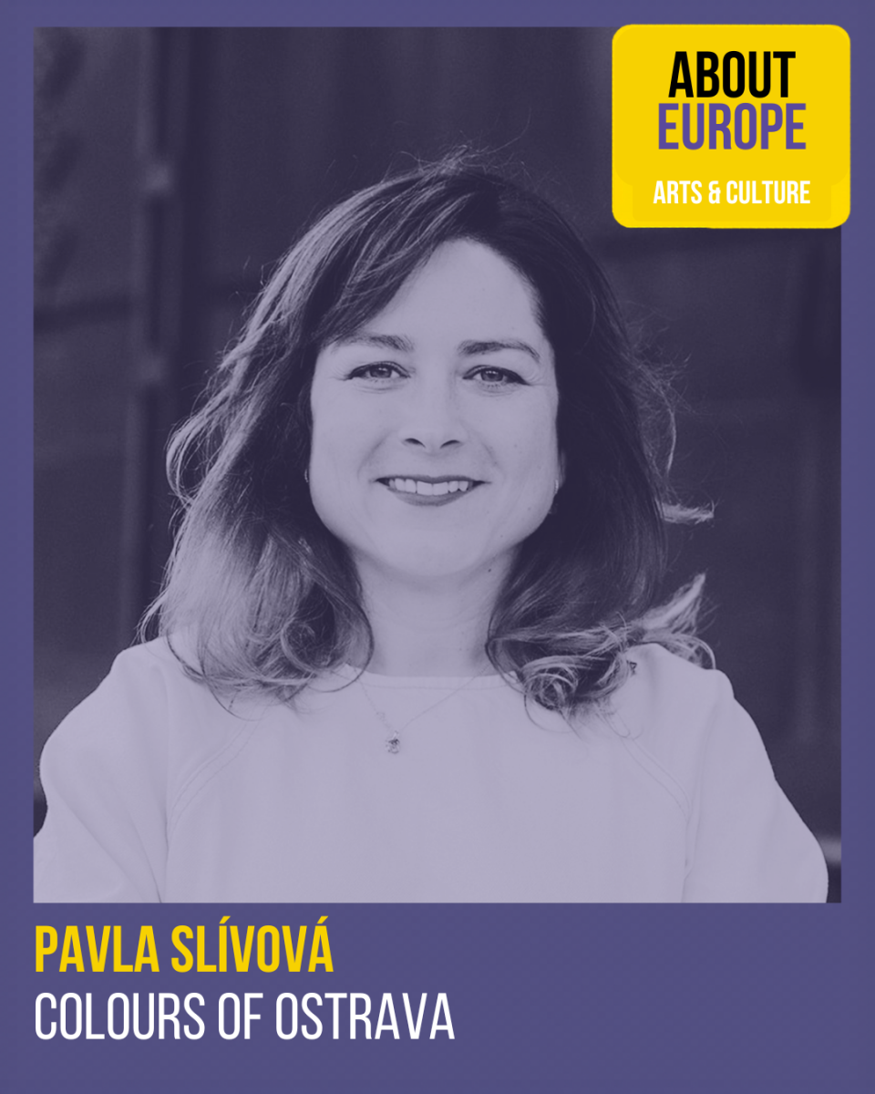 Portrait of a smiling woman with shoulder-length hair, labeled Pavla Slívová from Colours of Ostrava, with "About Europe Arts & Culture" text.