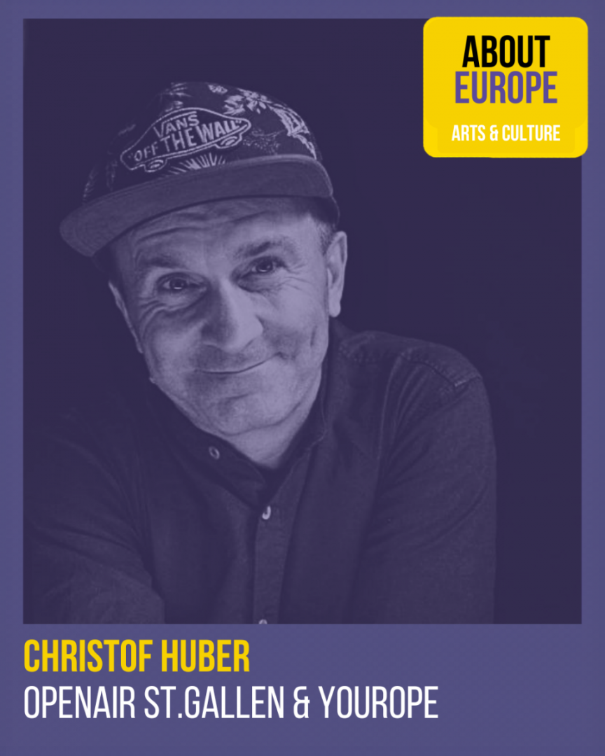 Portrait of a man in a Vans cap, with “ABOUT EUROPE Arts & Culture” and “Christof Huber, Openair St.Gallen & Yourope” text